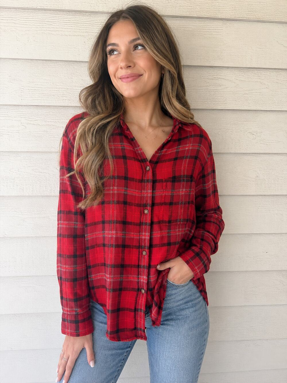 American Eagle Boyfriend Soft Red Plaid Flannel Button Front Shirt Medium
